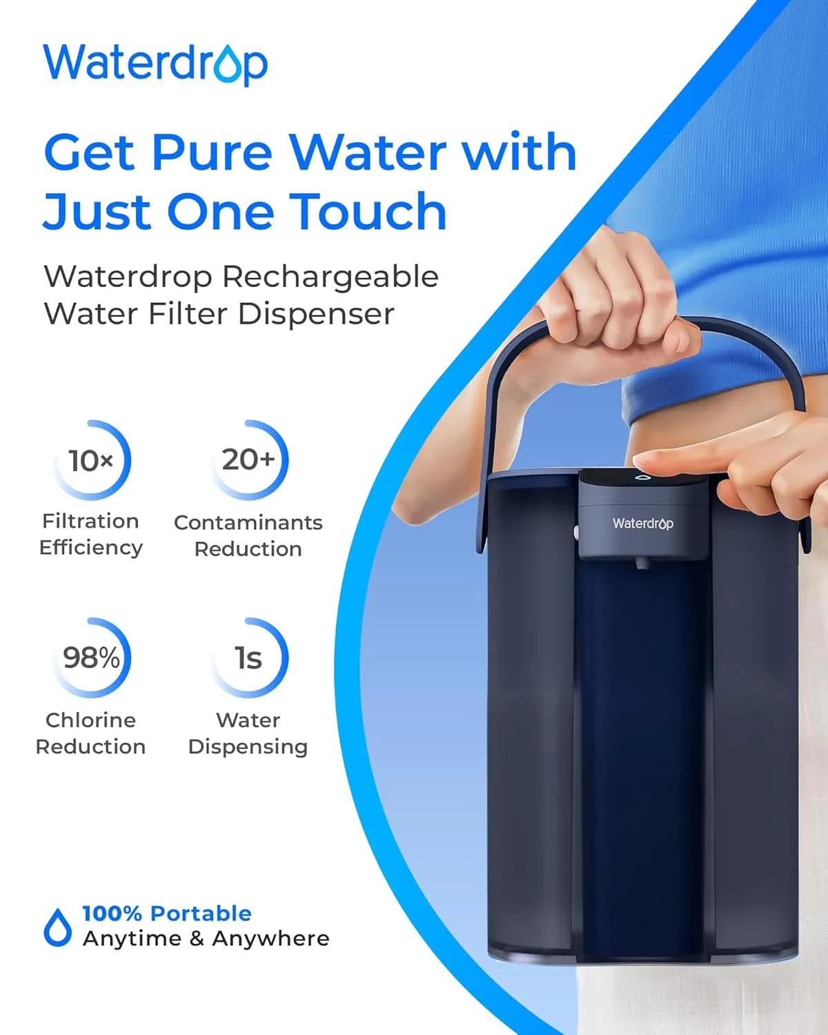 Waterdrop Rechargeable Water Filter Dispenser, 200-Gallon Water Pitcher, Instant 15-Cup Countertop System, 10X Filtration Efficiency, Reduce 98% Chlorine and 20  Contaminants, Navy Blue