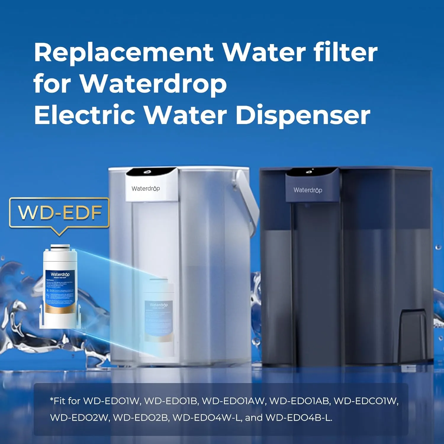 Waterdrop WD-EDF Replacement Filters for Waterdrop Electirc Water Filter Pitcher 𝐖𝐃-𝐄𝐃𝟎𝟏/𝐄𝐃𝟎𝟐/𝐄𝐃𝟎𝟒/𝐄𝐃𝟎𝟏𝐀/𝐄𝐃𝐂𝟎𝟏, 3 Months or 200 Gallons, NSF/ANSI 401&53&42, 1 Filter