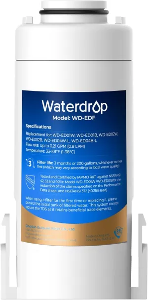 Waterdrop WD-EDF Replacement Filters for Waterdrop Electirc Water Filter Pitcher 𝐖𝐃-𝐄𝐃𝟎𝟏/𝐄𝐃𝟎𝟐/𝐄𝐃𝟎𝟒/𝐄𝐃𝟎𝟏𝐀/𝐄𝐃𝐂𝟎𝟏, 3 Months or 200 Gallons, NSF/ANSI 401&53&42, 1 Filter