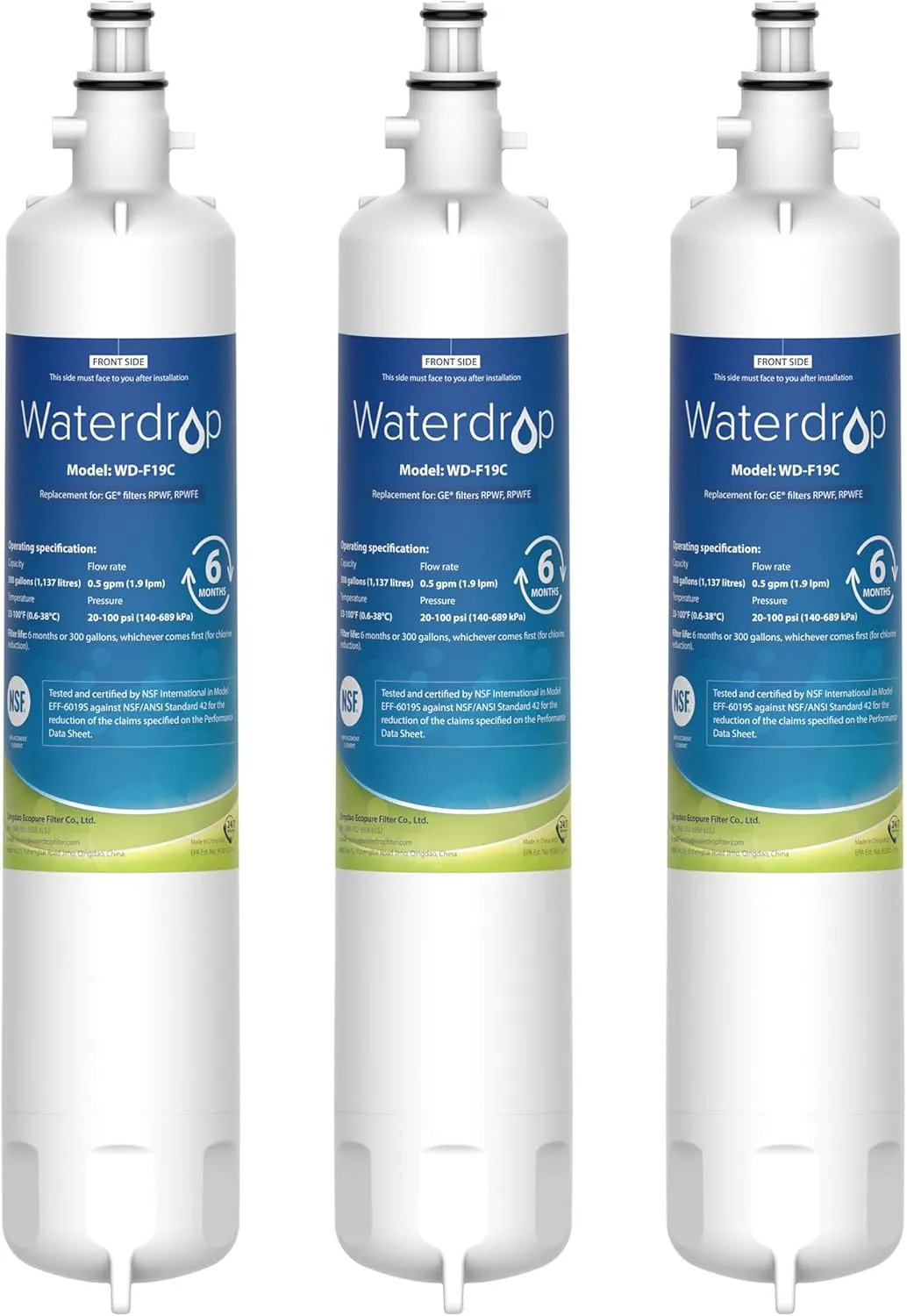 Waterdrop WD-F19C Replacement for GE® RPWFE®, RPWF (with CHIP) Refrigerator Water Filter, Compatible with GFE28GBLTS, GFE28GGKBB, GFE28GSKSS, PFE28KSKSS, PFE28KMKES, 3 Filters Package May Vary
