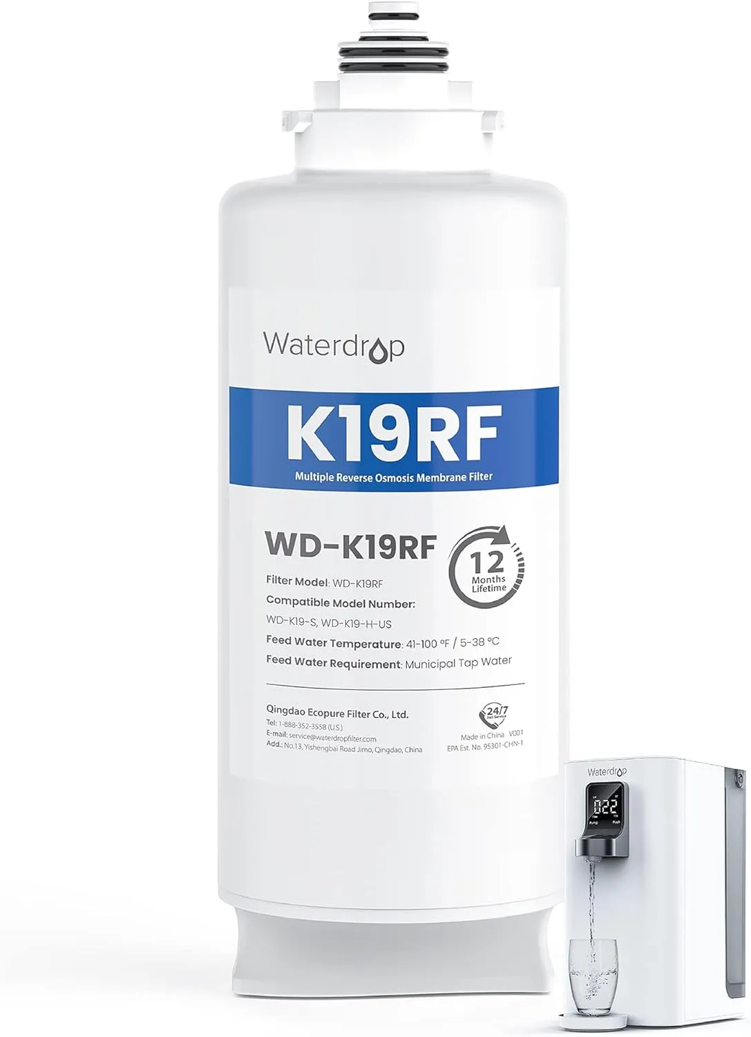 Waterdrop WD-K19RF Filter, Replacement for WD-K19-S and WD-K19-H Countertop Reverse Osmosis System, 12-month Lifetime