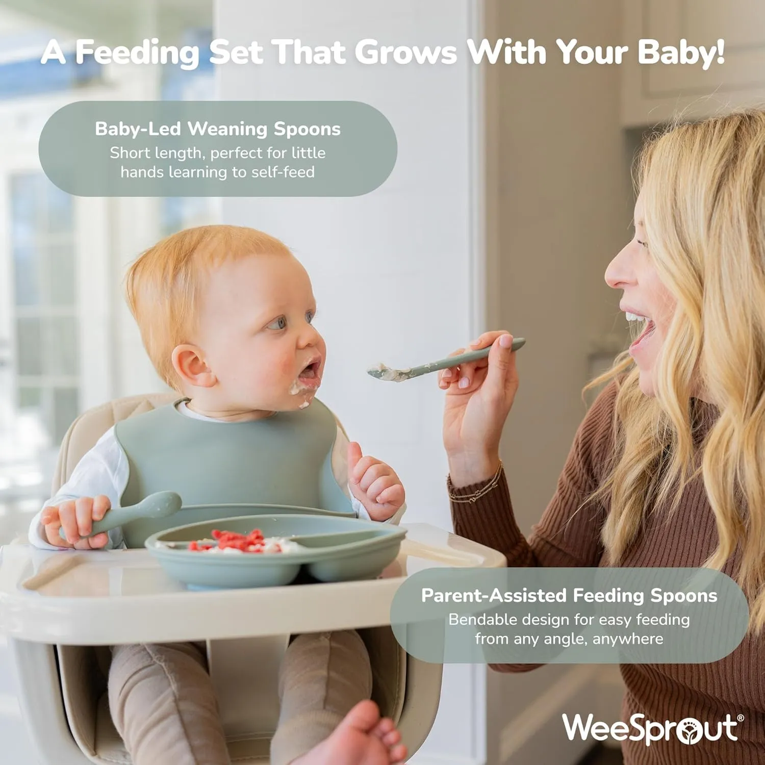 WeeSprout Baby Led Weaning Bundle, Silicone Suction Bowl, Spoons, Bib & Cup, Develops Self Feeding Skills, Dishwasher Safe (Confetti)