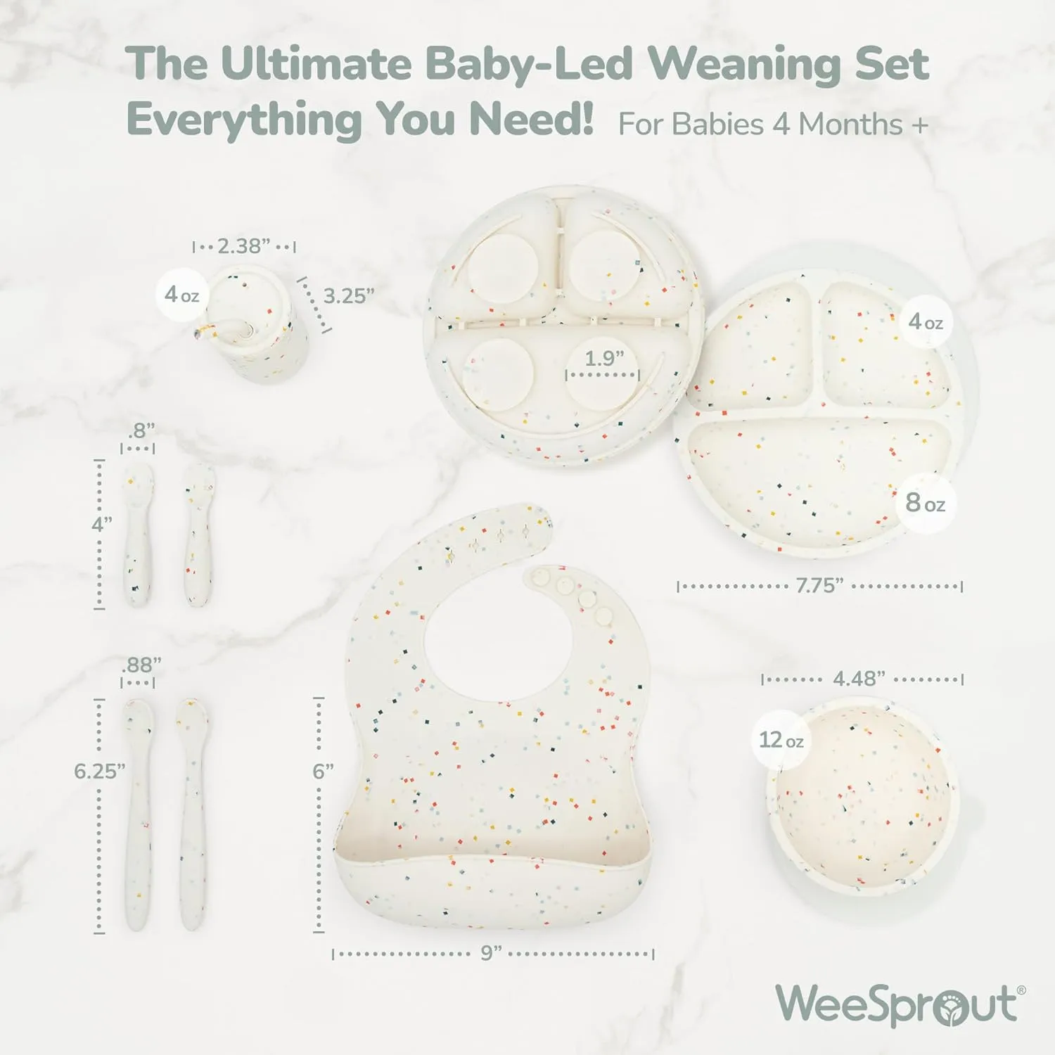 WeeSprout Baby Led Weaning Bundle, Silicone Suction Bowl, Spoons, Bib & Cup, Develops Self Feeding Skills, Dishwasher Safe (Confetti)