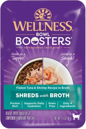 Wellness Bowl Boosters Wet Cat Food Topper, Grain Free, Natural, Flaked Tuna & Shrimp Recipe in Broth, 1.75 Ounce Pouch (Pack of 12)
