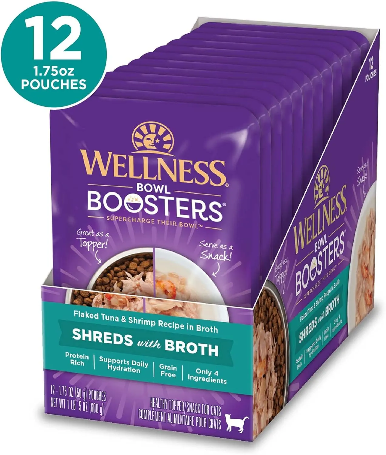 Wellness Bowl Boosters Wet Cat Food Topper, Grain Free, Natural, Flaked Tuna & Shrimp Recipe in Broth, 1.75 Ounce Pouch (Pack of 12)