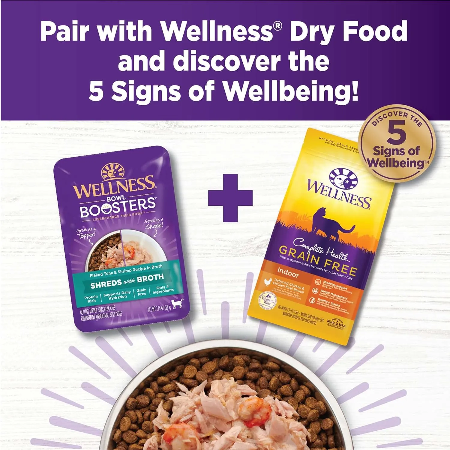 Wellness Bowl Boosters Wet Cat Food Topper, Grain Free, Natural, Flaked Tuna & Shrimp Recipe in Broth, 1.75 Ounce Pouch (Pack of 12)