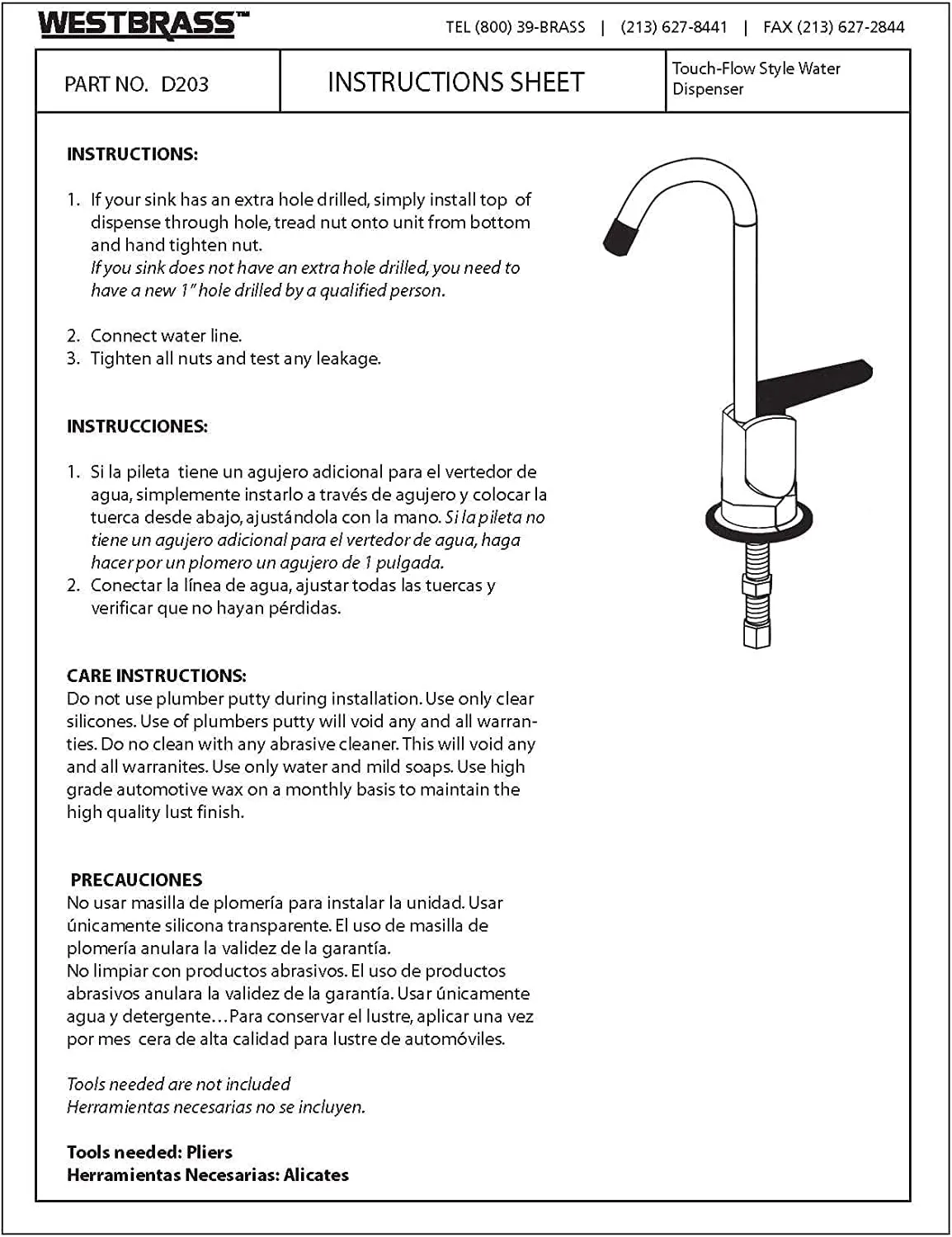 Westbrass D203-NL-26 6" Touch-Flo Style Pure Cold Water Dispenser Faucet, 1-Pack, Polished Chrome