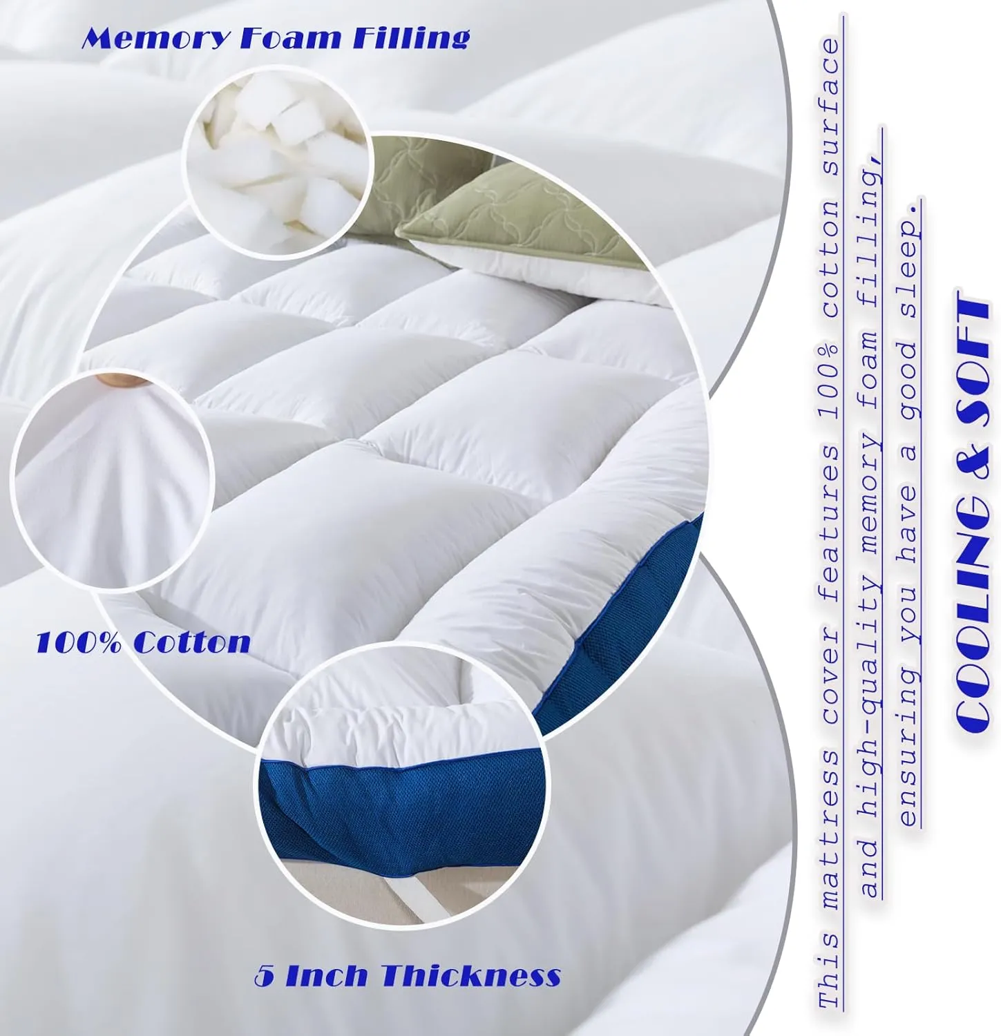 WhatsBedding 5 Inch Memory Foam Queen Mattress Topper 100% Cotton Top, Filled with Breathable & Soft Memory Foam Pillow Top,4 Elastic Straps, 80x60x5 Inch, Queen