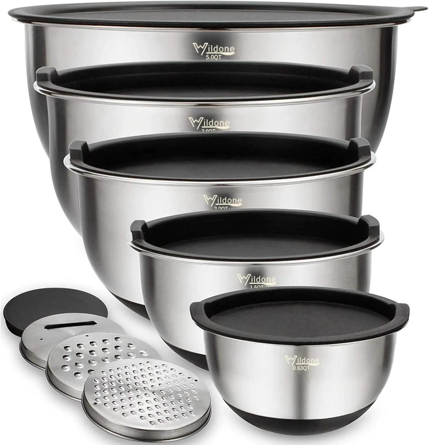 Wildone Mixing Bowls with Lids Set, 5PCS Stainless Steel Nesting Bowls with 3 Grater Attachments, Measurement Marks & Non-Slip Bottoms, Size 5, 3, 2, 1.5, 0.63 QT, Great for Mixing & Serving