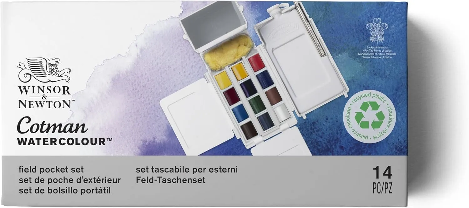 Winsor & Newton Cotman Watercolor Paint Set, Field Pocket Set, 12 Half Pan w/ Brush, Sponge, Bottle