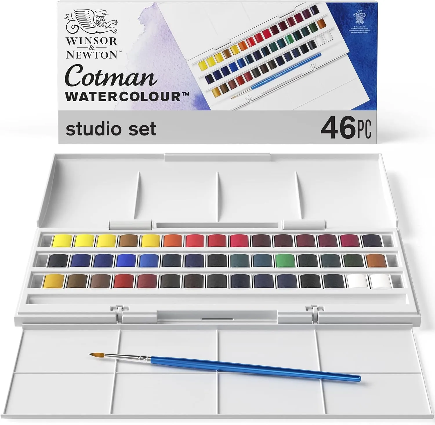 Winsor & Newton Cotman Watercolor Paint Set, Studio Set, 45 Half Pan w/ Brush