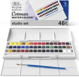 Winsor & Newton Cotman Watercolor Paint Set, Studio Set, 45 Half Pan w/ Brush