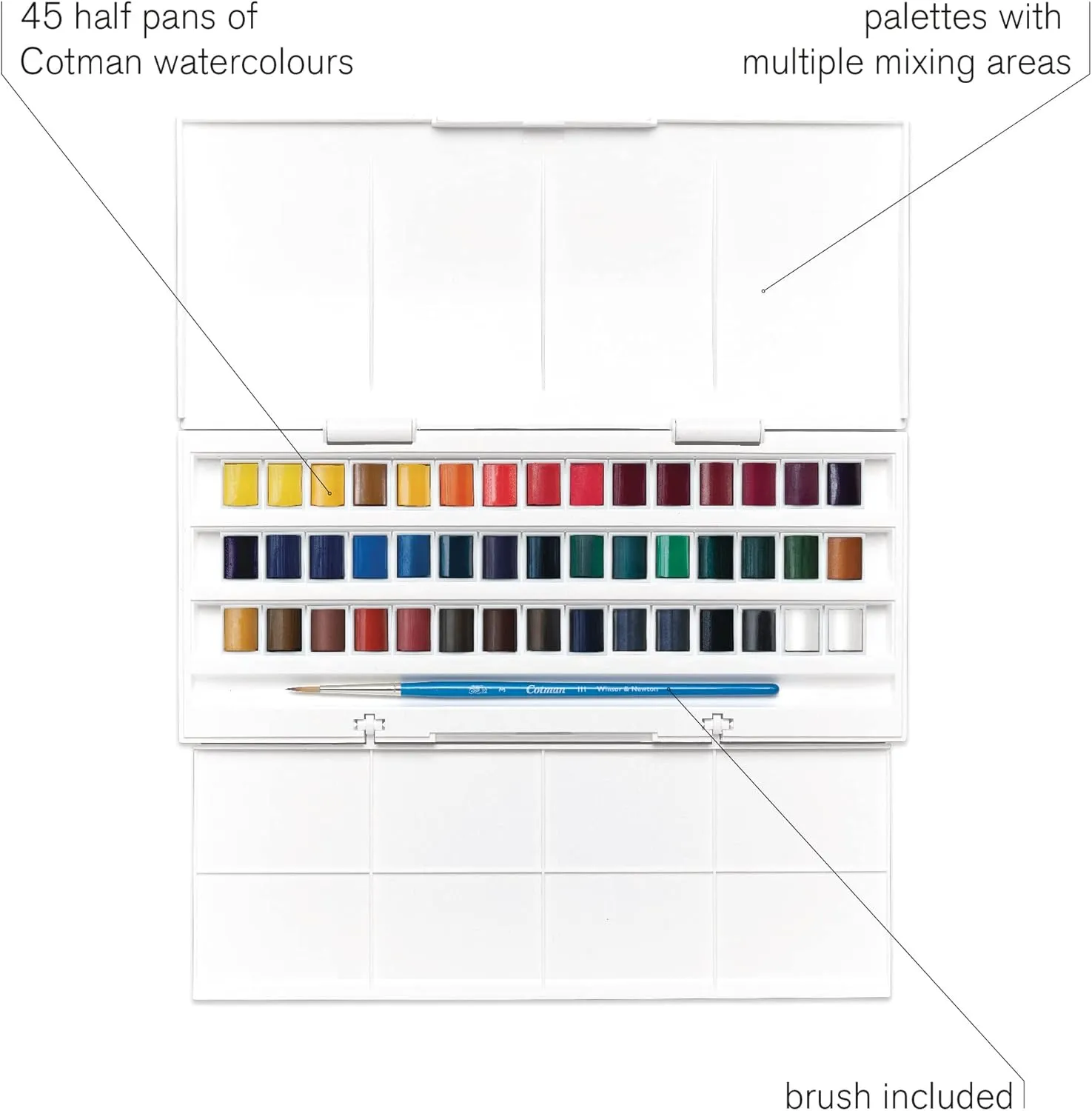 Winsor & Newton Cotman Watercolor Paint Set, Studio Set, 45 Half Pan w/ Brush