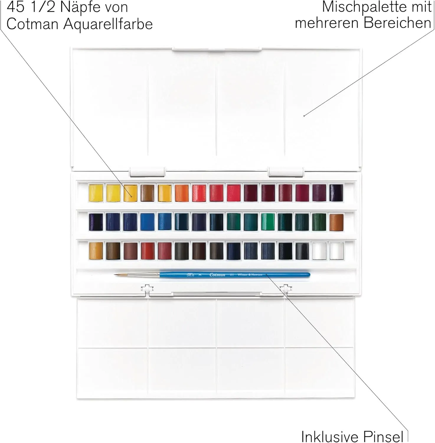 Winsor & Newton Cotman Watercolor Paint Set, Studio Set, 45 Half Pan w/ Brush