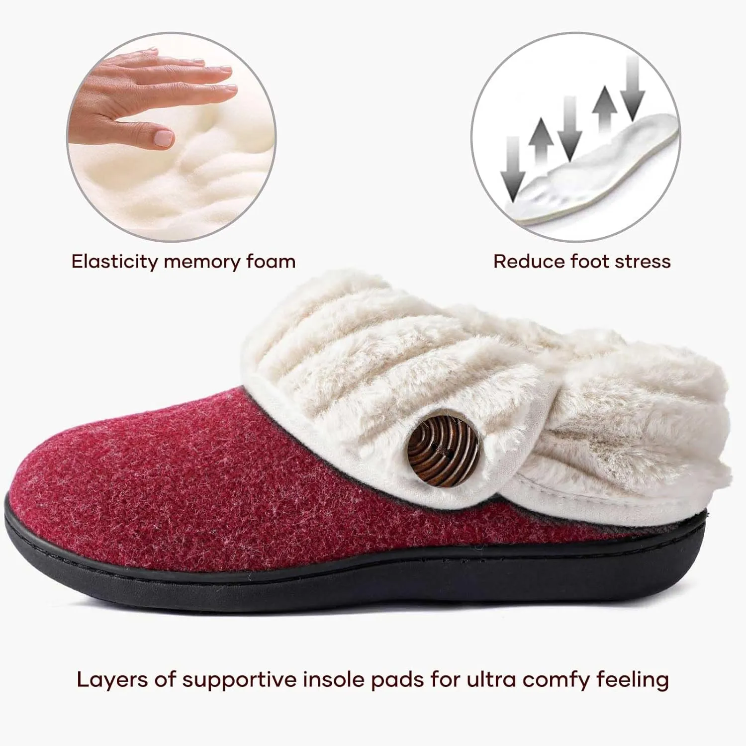 Wishcotton Women's Wool Cozy Memory Foam Winter Slippers Indoor Outdoor with Fuzzy Faux Fur Collar
