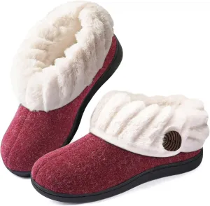 Wishcotton Women's Wool Cozy Memory Foam Winter Slippers Indoor Outdoor with Fuzzy Faux Fur Collar