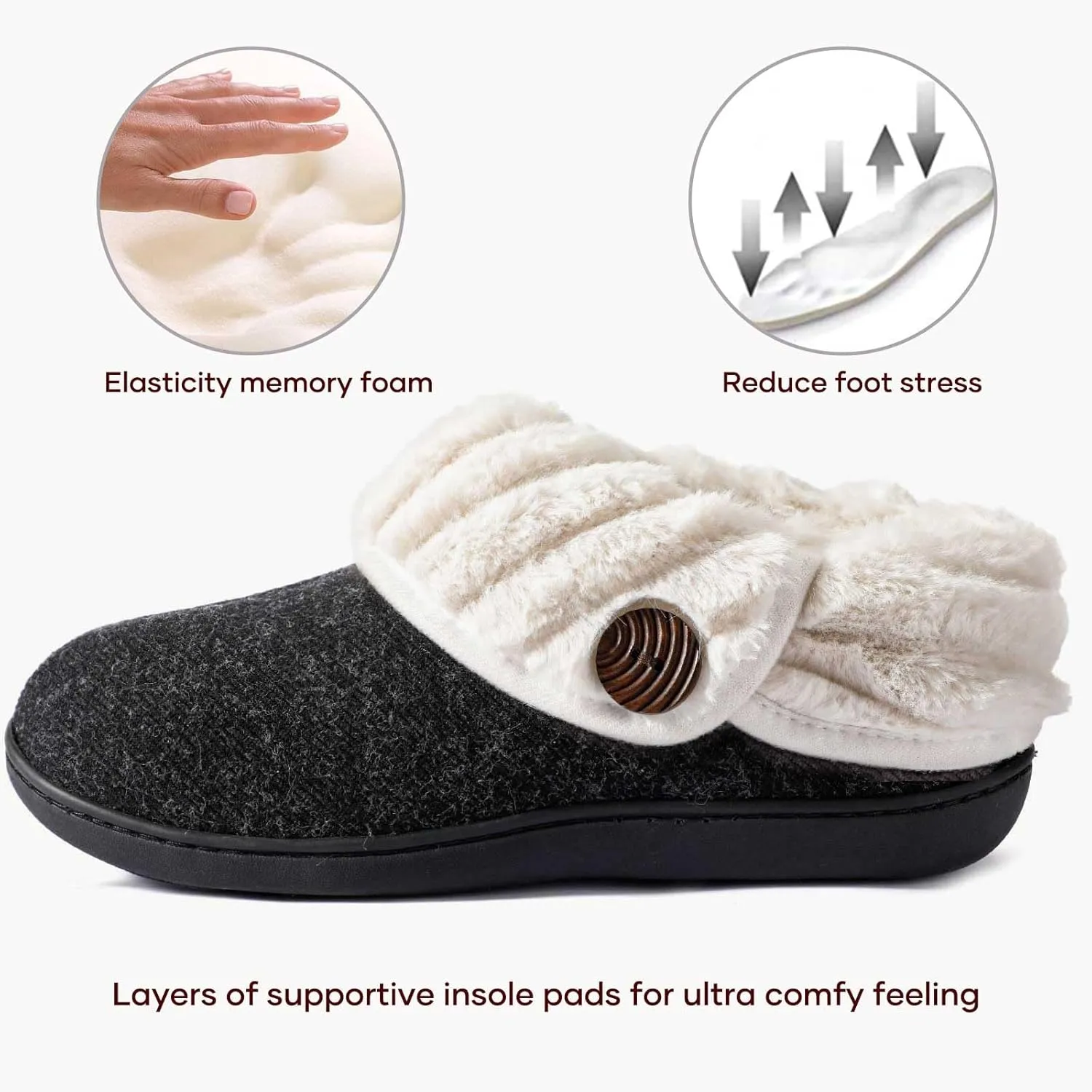 Wishcotton Women's Wool Cozy Memory Foam Winter Slippers Indoor Outdoor with Fuzzy Faux Fur Collar