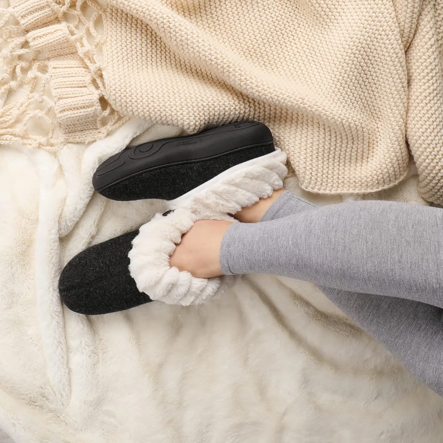 Wishcotton Women's Wool Cozy Memory Foam Winter Slippers Indoor Outdoor with Fuzzy Faux Fur Collar