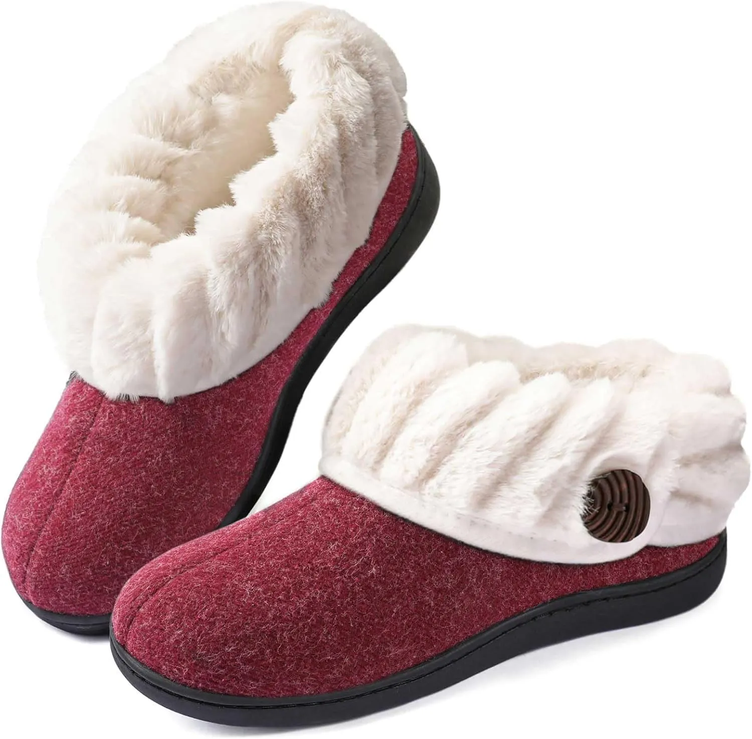 Wishcotton Women's Wool Cozy Memory Foam Winter Slippers Indoor Outdoor with Fuzzy Faux Fur Collar