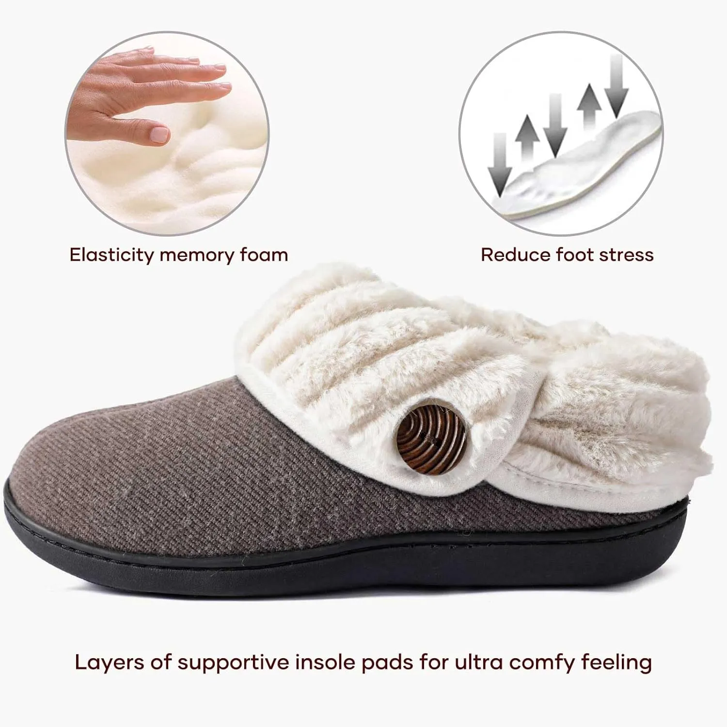 Wishcotton Women's Wool Cozy Memory Foam Winter Slippers Indoor Outdoor with Fuzzy Faux Fur Collar