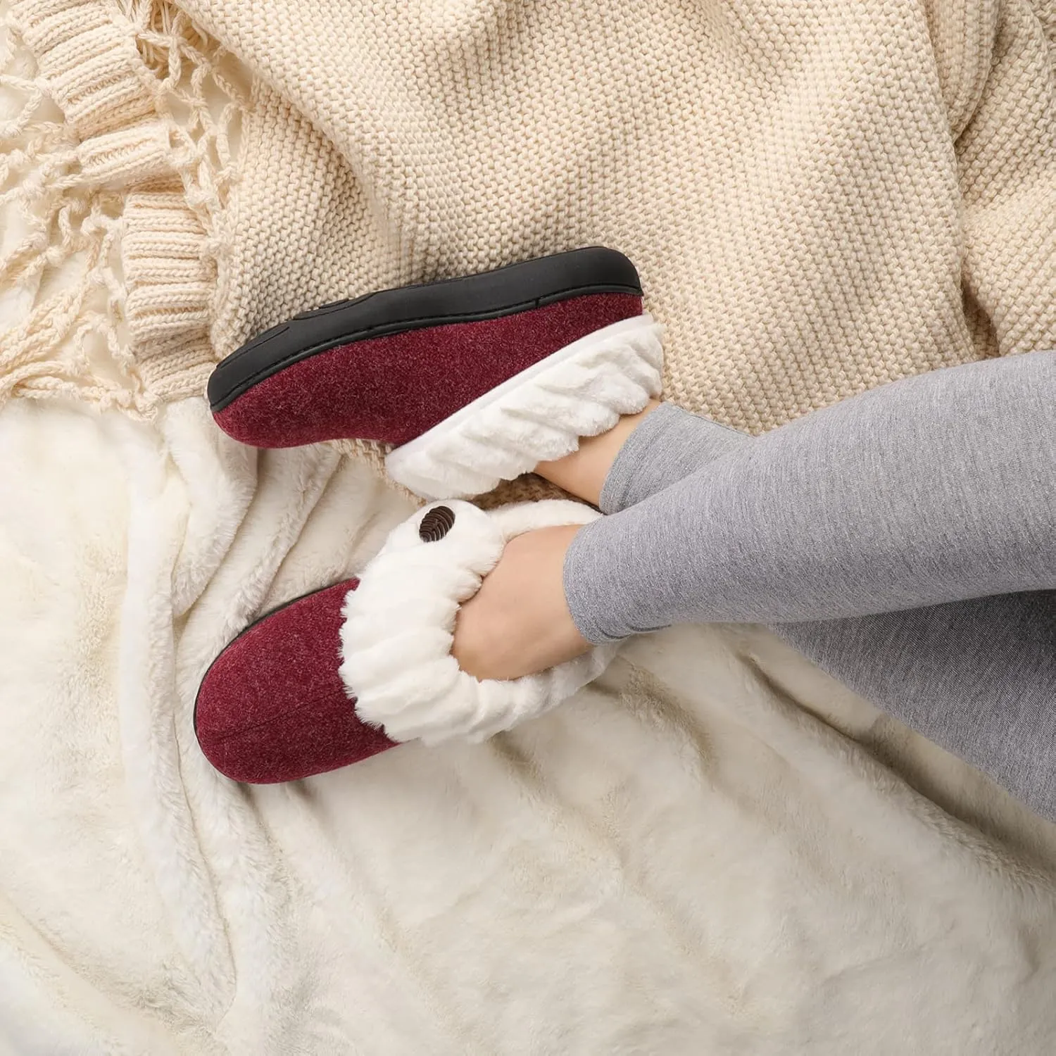 Wishcotton Women's Wool Cozy Memory Foam Winter Slippers Indoor Outdoor with Fuzzy Faux Fur Collar