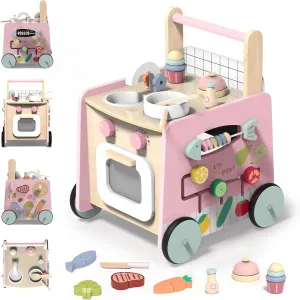 Wooden Baby Walker 4-in-1 with Push Walker Toys, Play Kitchen Accessories, Toddlers Montessori Sensory Toys, Walking Toys for Baby Girls Boys Learning to Walk