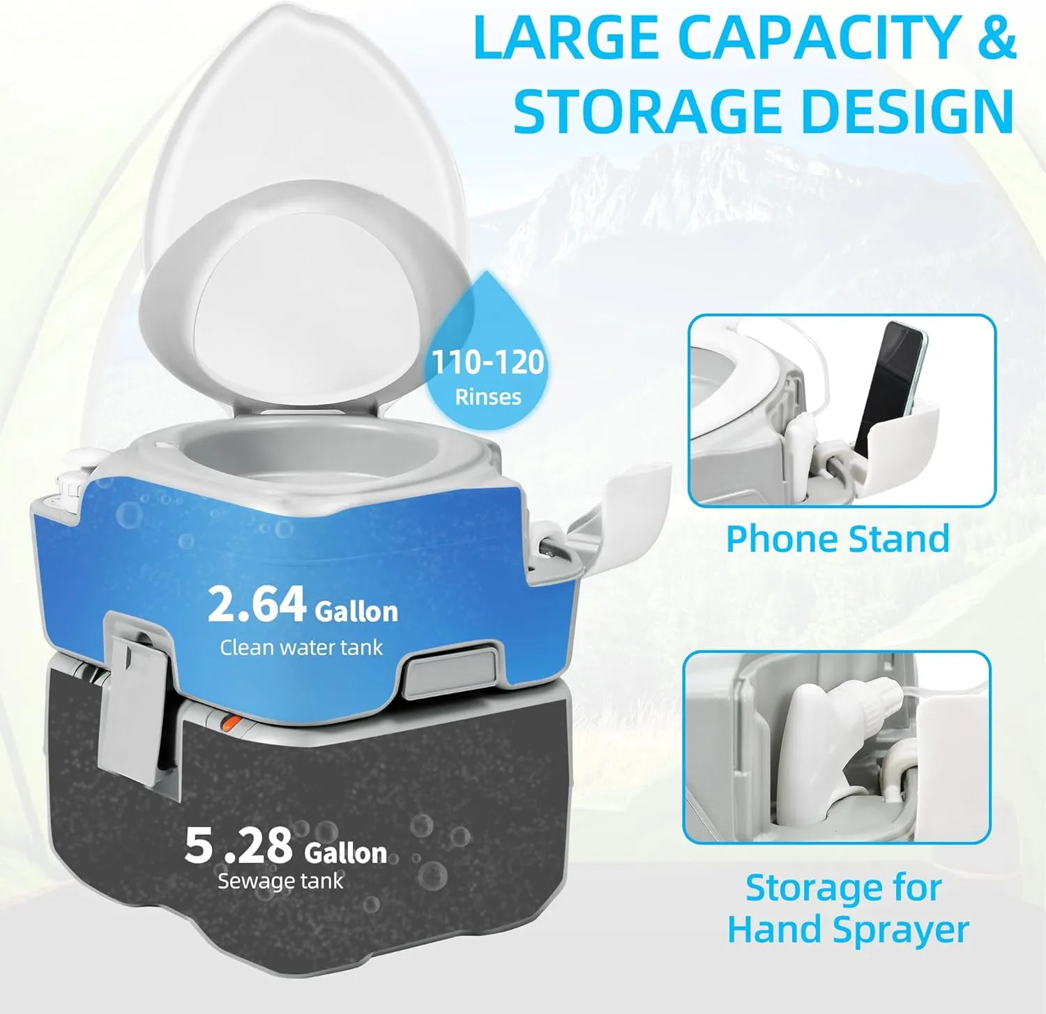 YITAHOME Portable Toilet Camping Porta Potty with Diagonal Enlargerd Bowl, Hand Sprayer, 5.28 Gal Leak-Proof Outdoor Toilet with Level Indicator, Carry Bag for Adults, RV Travel, Boat and Trips