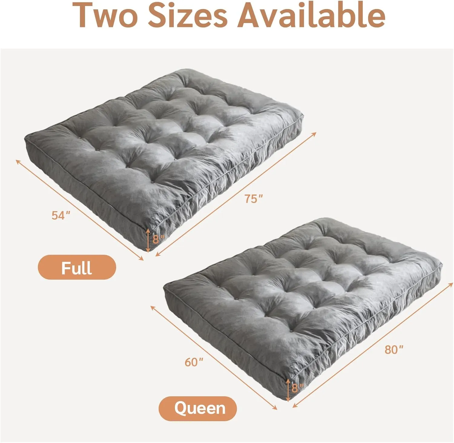 YOSHOOT 8 Inches Futon Mattress Full Size, Thick Futons Sofa Couch Bed, Floor Mattress for Adults, Shredded Foam Filling, Medium Firm(Frame Not Included), Grey, 54"x75"
