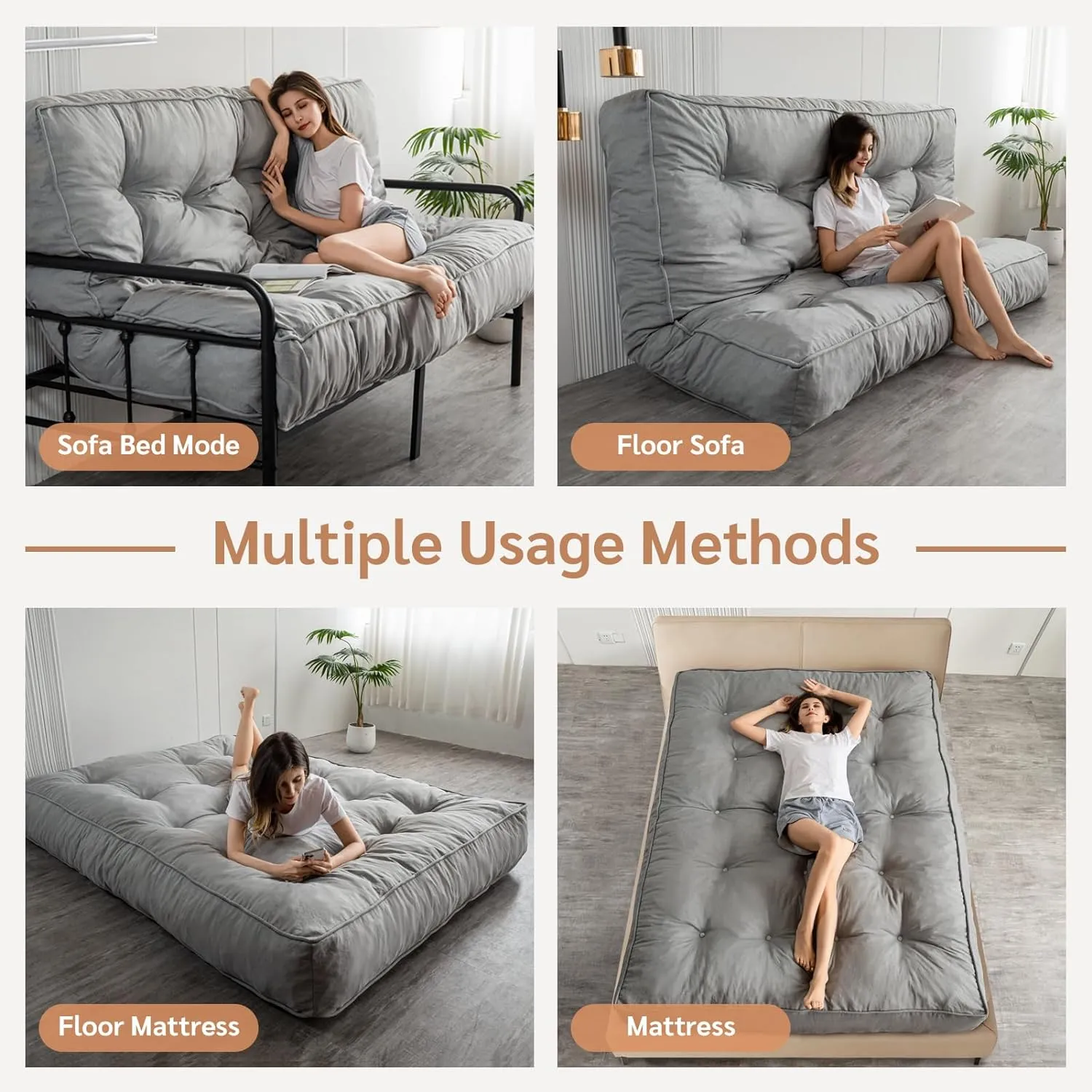 YOSHOOT 8 Inches Futon Mattress Full Size, Thick Futons Sofa Couch Bed, Floor Mattress for Adults, Shredded Foam Filling, Medium Firm(Frame Not Included), Grey, 54"x75"