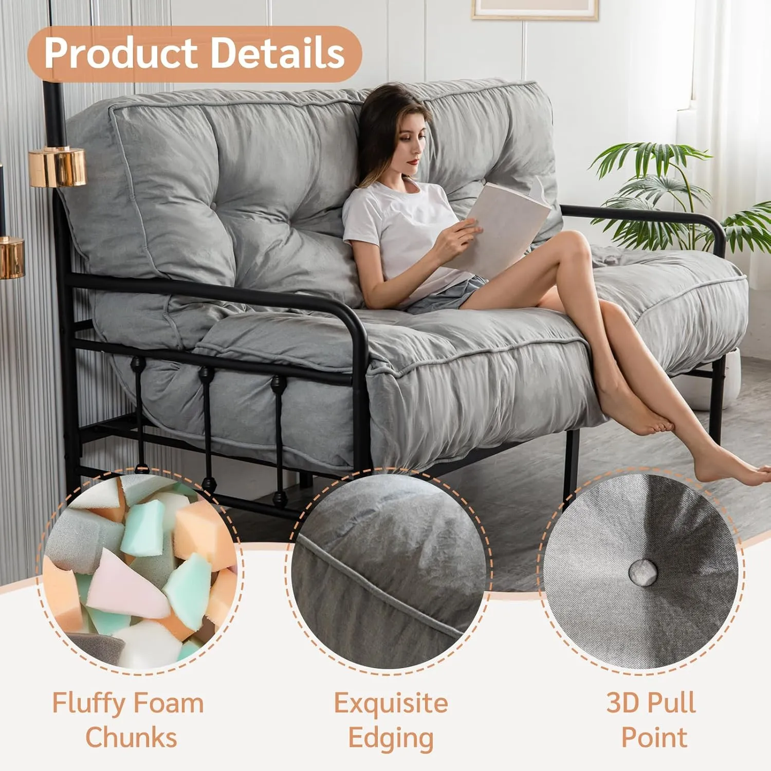 YOSHOOT 8 Inches Futon Mattress Full Size, Thick Futons Sofa Couch Bed, Floor Mattress for Adults, Shredded Foam Filling, Medium Firm(Frame Not Included), Grey, 54"x75"