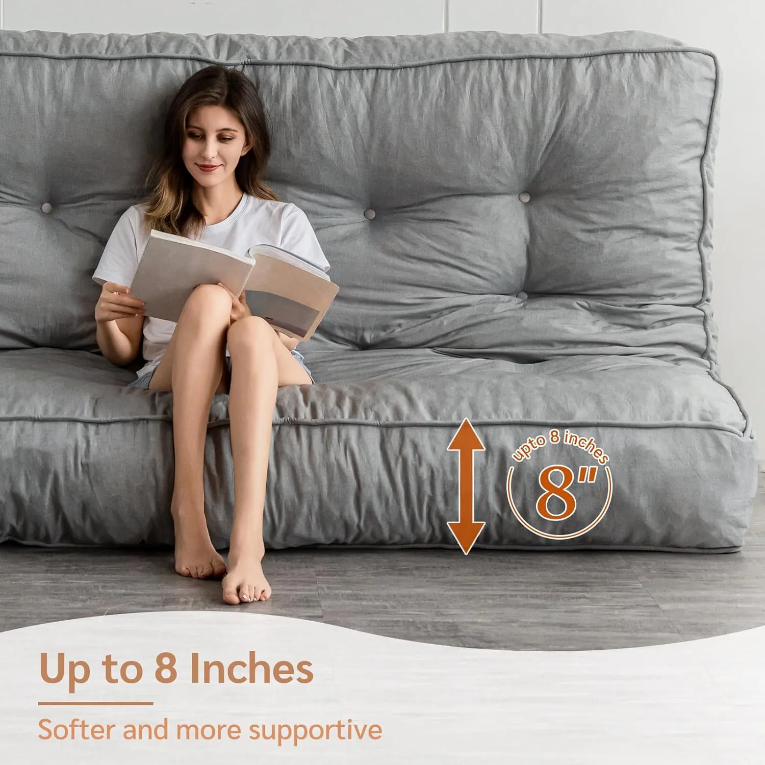 YOSHOOT 8 Inches Futon Mattress Full Size, Thick Futons Sofa Couch Bed, Floor Mattress for Adults, Shredded Foam Filling, Medium Firm(Frame Not Included), Grey, 54"x75"
