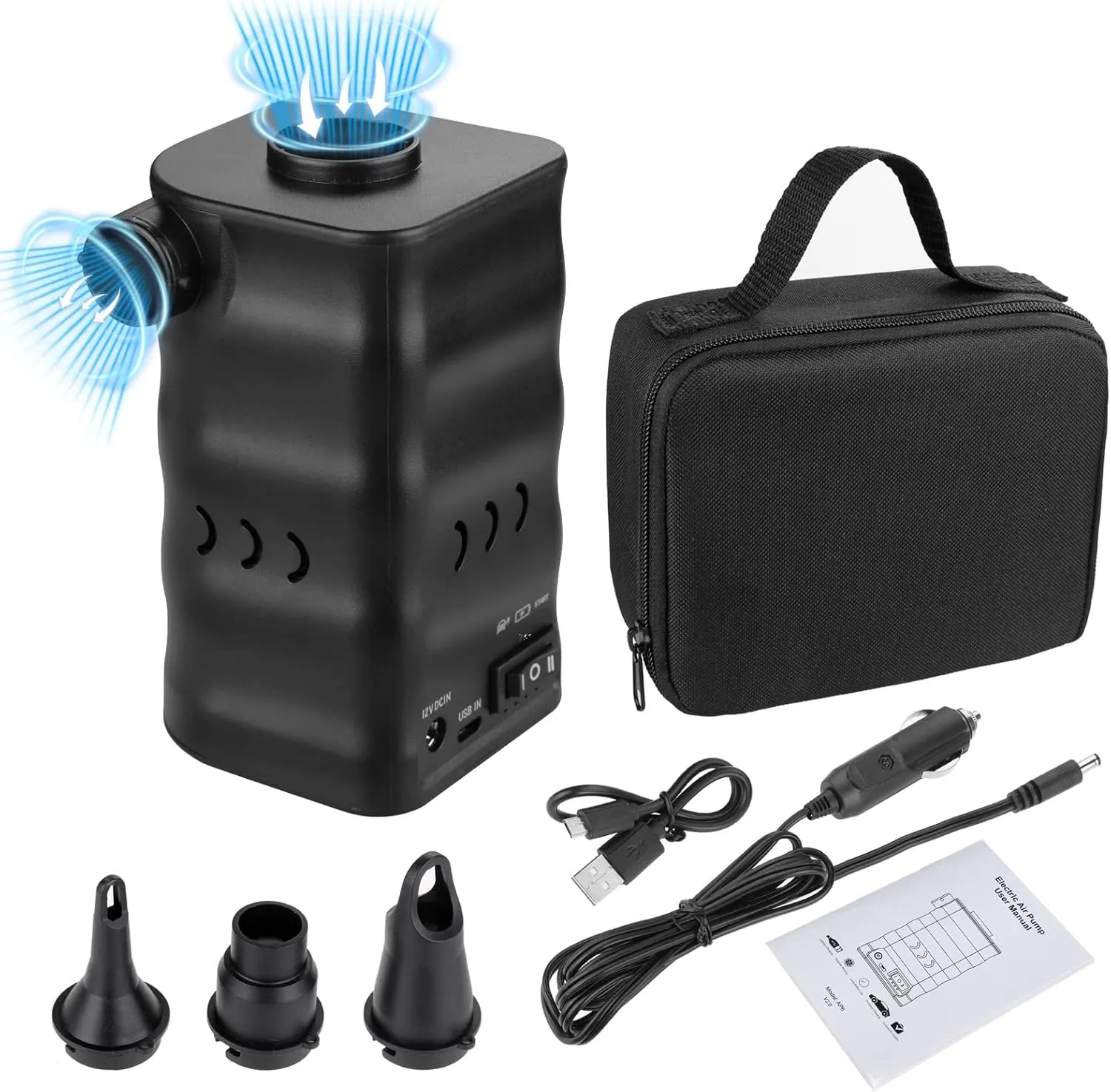 Zacro Portable Electric Air Pump with 6000mAh Battery for Quickly Inflatables and Deflation, Powered by USB/Any Standard 12V Vehicle Outlet, 3 Nozzles for Mattresses, Lounger Sofa, Pool Floats, Airbed