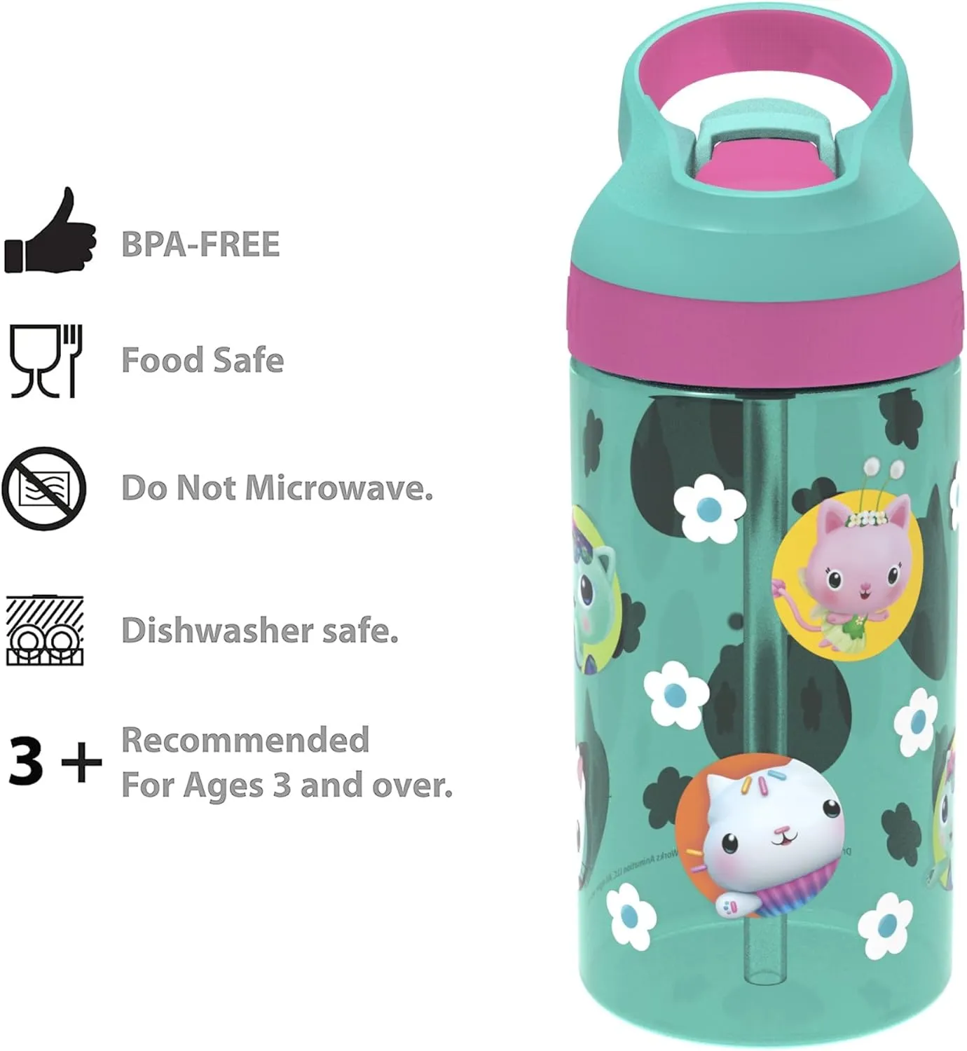 Zak Designs 5-Piece Dinnerware Set, Gabby’s Dollhouse - Durable Plastic & Stainless Steel - Includes Water Bottle, 8-Inch Plate, 6-Inch Bowl, Fork & Spoon - Suitable for Kids Ages 3 