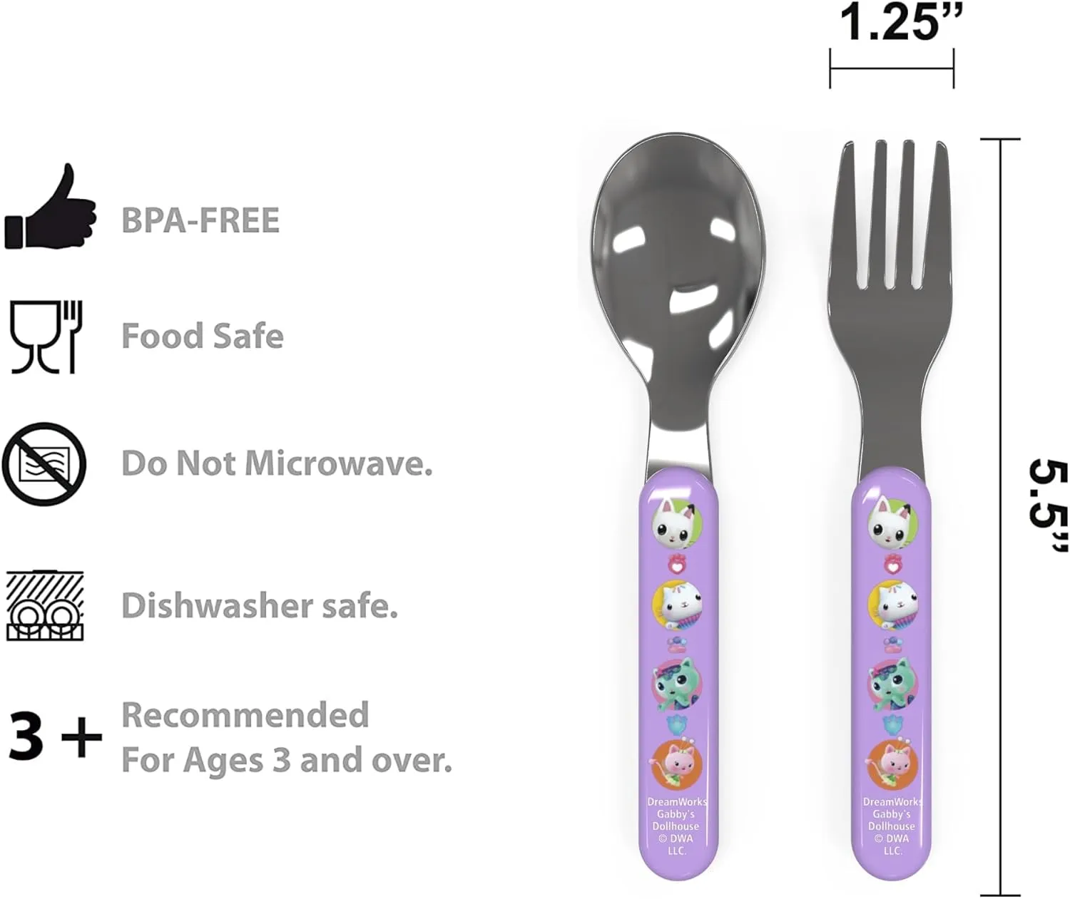 Zak Designs 5-Piece Dinnerware Set, Gabby’s Dollhouse - Durable Plastic & Stainless Steel - Includes Water Bottle, 8-Inch Plate, 6-Inch Bowl, Fork & Spoon - Suitable for Kids Ages 3 