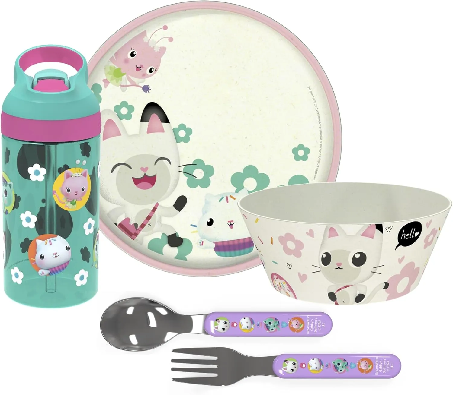 Zak Designs 5-Piece Dinnerware Set, Gabby’s Dollhouse - Durable Plastic & Stainless Steel - Includes Water Bottle, 8-Inch Plate, 6-Inch Bowl, Fork & Spoon - Suitable for Kids Ages 3 