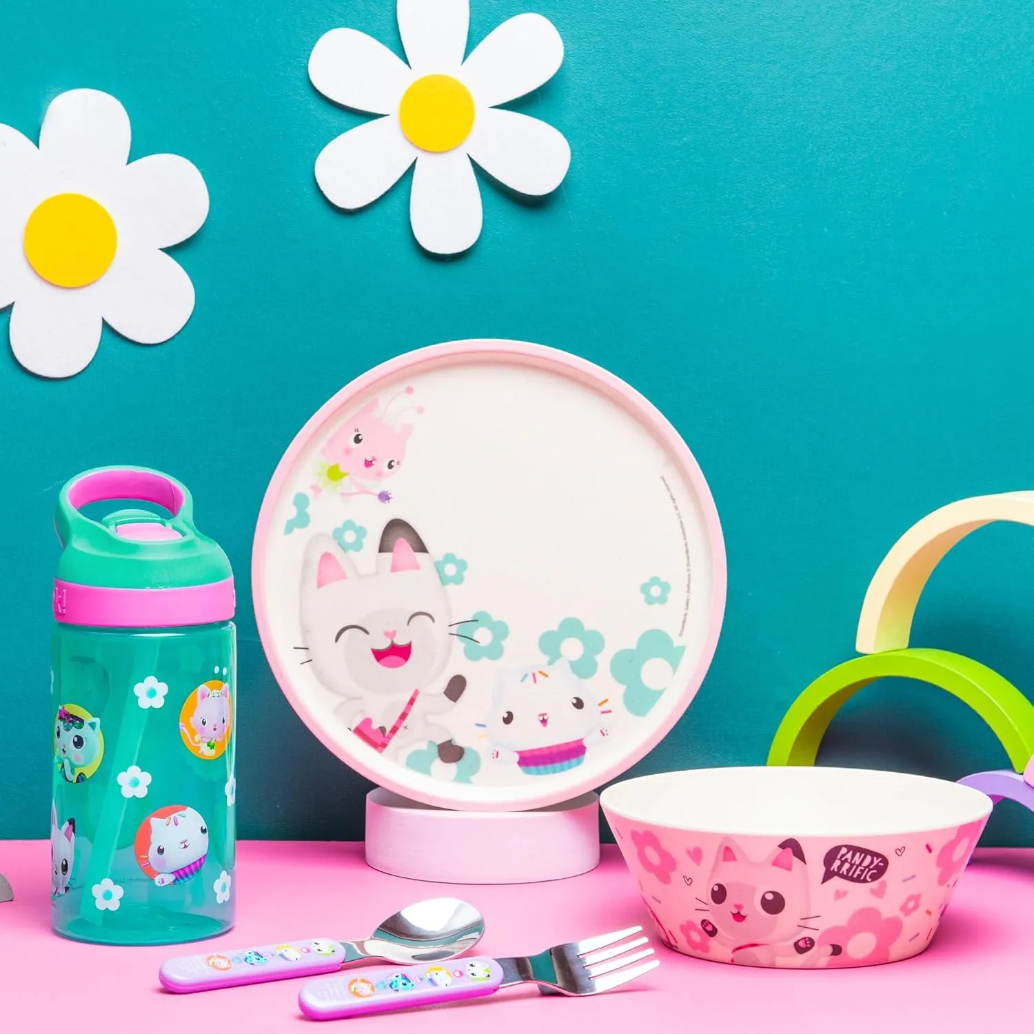 Zak Designs 5-Piece Dinnerware Set, Gabby’s Dollhouse - Durable Plastic & Stainless Steel - Includes Water Bottle, 8-Inch Plate, 6-Inch Bowl, Fork & Spoon - Suitable for Kids Ages 3 