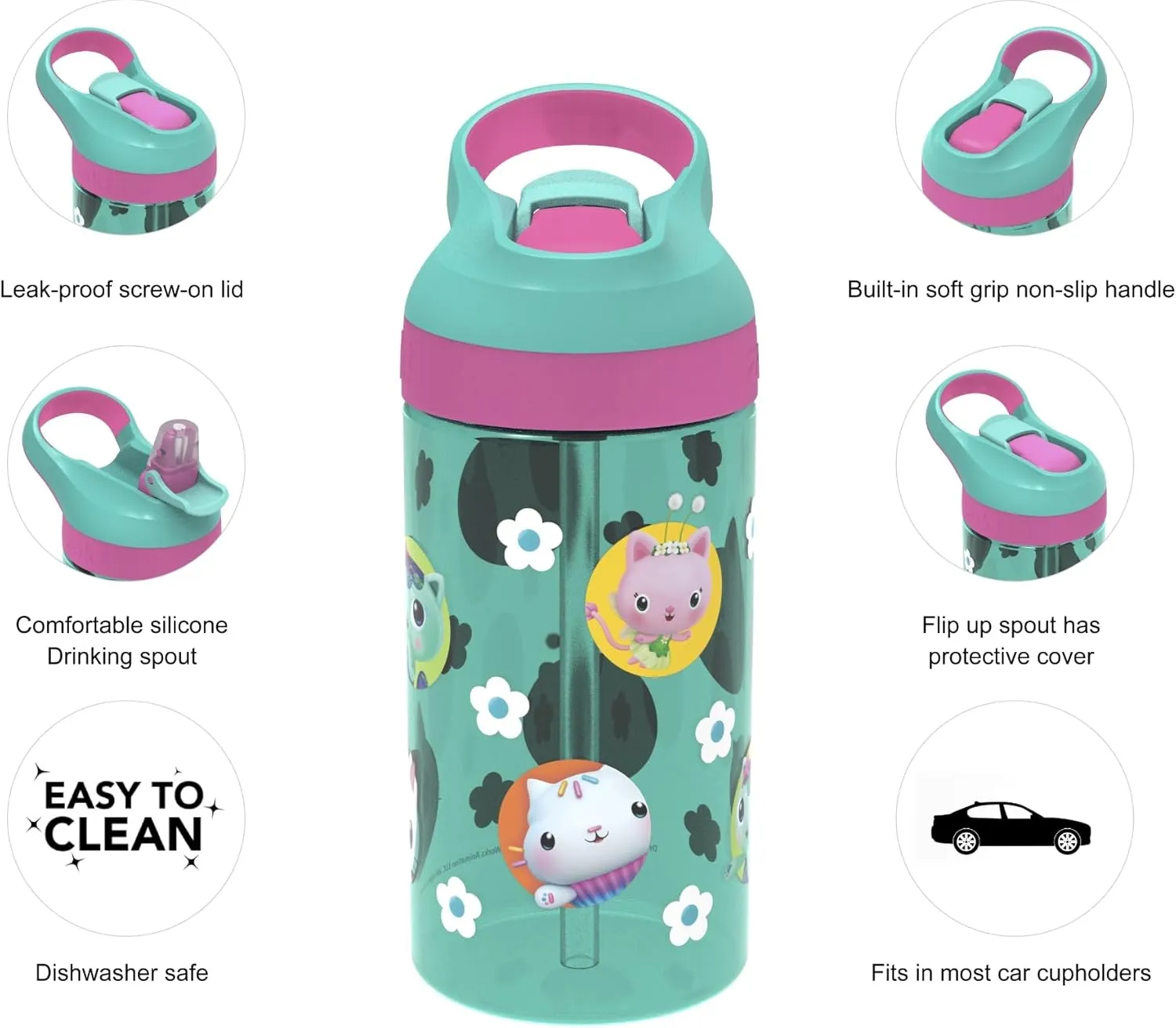 Zak Designs 5-Piece Dinnerware Set, Gabby’s Dollhouse - Durable Plastic & Stainless Steel - Includes Water Bottle, 8-Inch Plate, 6-Inch Bowl, Fork & Spoon - Suitable for Kids Ages 3 