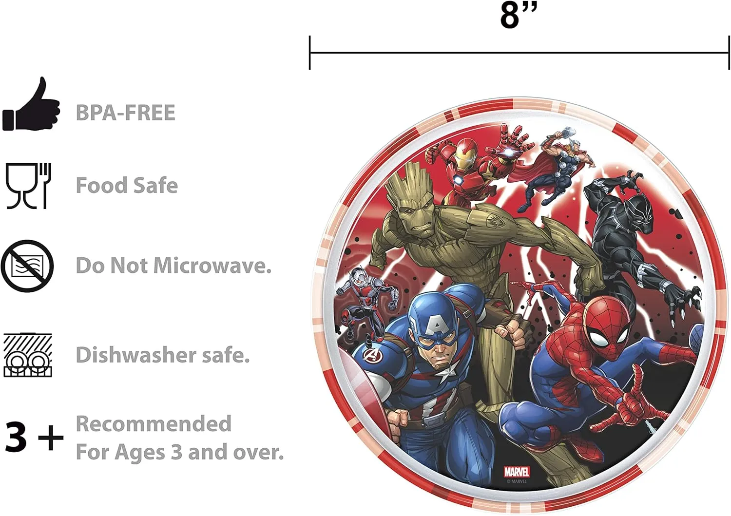 Zak Designs 5-Piece Dinnerware Set, Marvel Universe - Durable Plastic & Stainless Steel - Includes Water Bottle, 8-Inch Plate, 6-Inch Bowl, Fork & Spoon - Suitable for Kids Ages 3 
