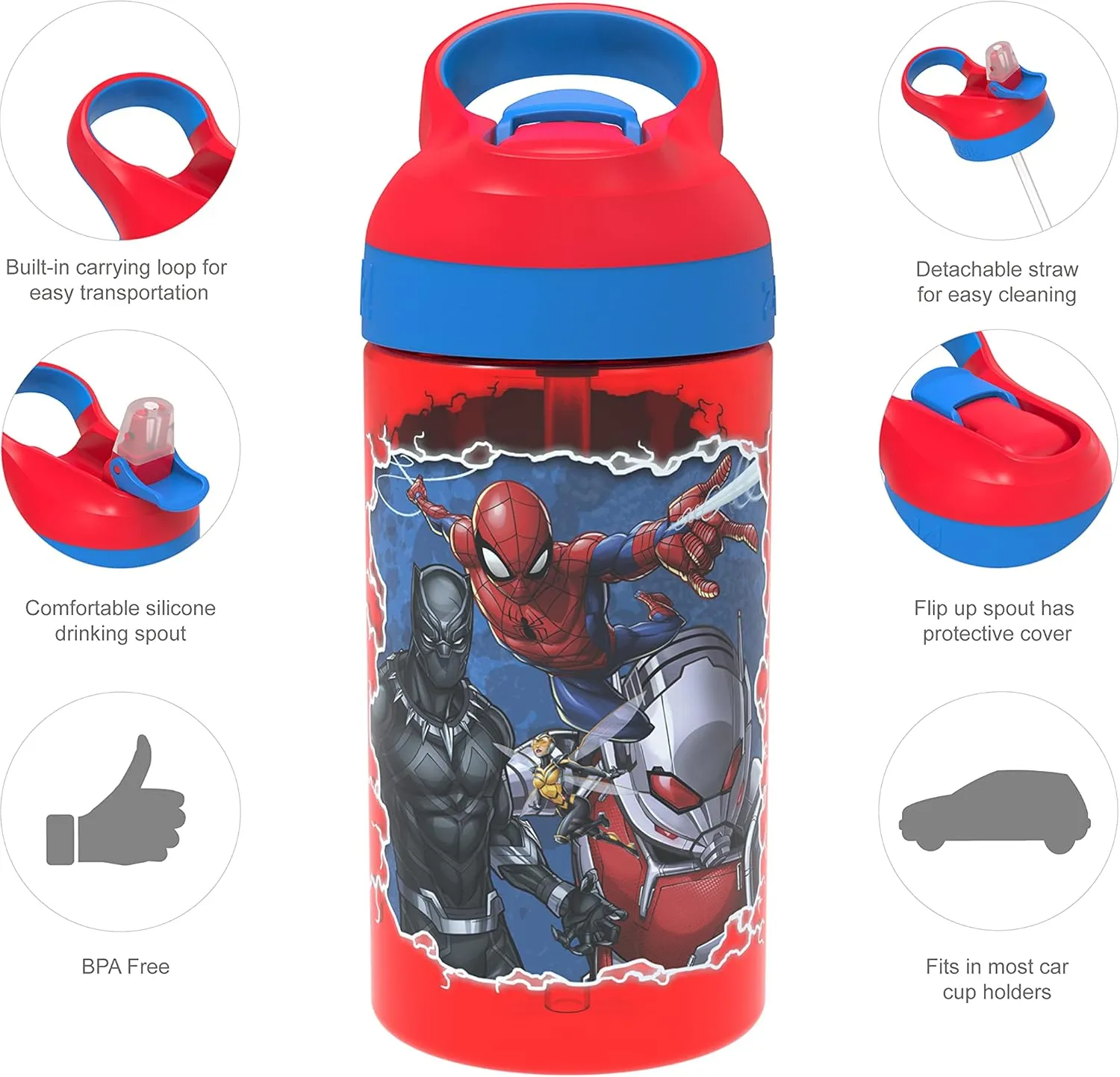 Zak Designs 5-Piece Dinnerware Set, Marvel Universe - Durable Plastic & Stainless Steel - Includes Water Bottle, 8-Inch Plate, 6-Inch Bowl, Fork & Spoon - Suitable for Kids Ages 3 
