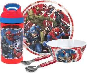 Zak Designs 5-Piece Dinnerware Set, Marvel Universe - Durable Plastic & Stainless Steel - Includes Water Bottle, 8-Inch Plate, 6-Inch Bowl, Fork & Spoon - Suitable for Kids Ages 3 