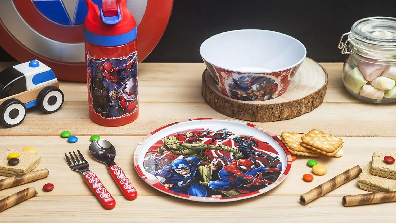 Zak Designs 5-Piece Dinnerware Set, Marvel Universe - Durable Plastic & Stainless Steel - Includes Water Bottle, 8-Inch Plate, 6-Inch Bowl, Fork & Spoon - Suitable for Kids Ages 3 