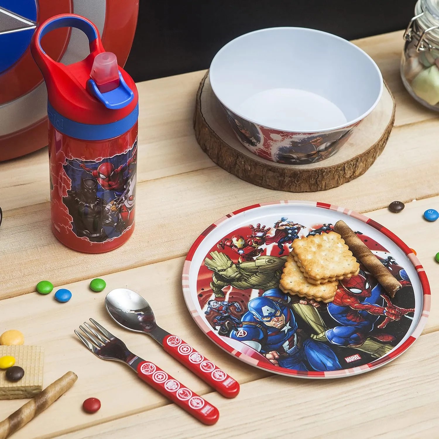 Zak Designs 5-Piece Dinnerware Set, Marvel Universe - Durable Plastic & Stainless Steel - Includes Water Bottle, 8-Inch Plate, 6-Inch Bowl, Fork & Spoon - Suitable for Kids Ages 3 