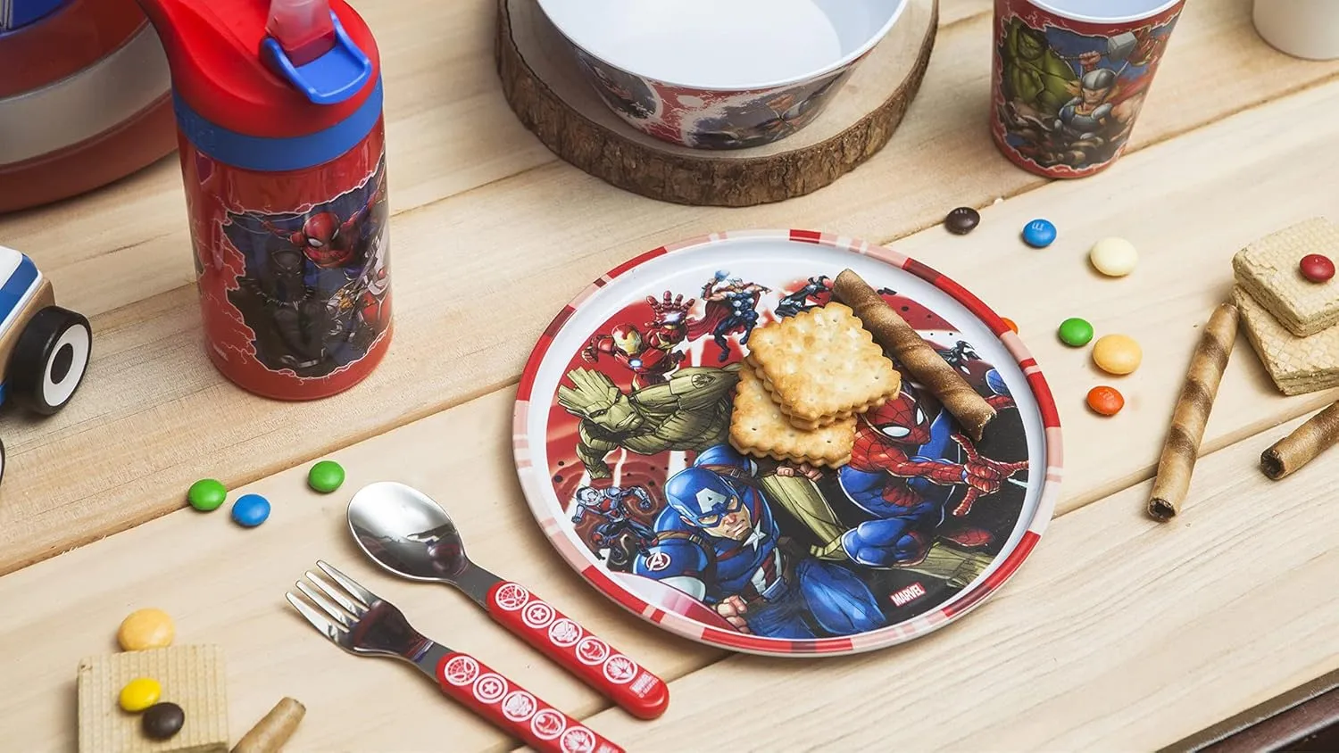 Zak Designs 5-Piece Dinnerware Set, Marvel Universe - Durable Plastic & Stainless Steel - Includes Water Bottle, 8-Inch Plate, 6-Inch Bowl, Fork & Spoon - Suitable for Kids Ages 3 