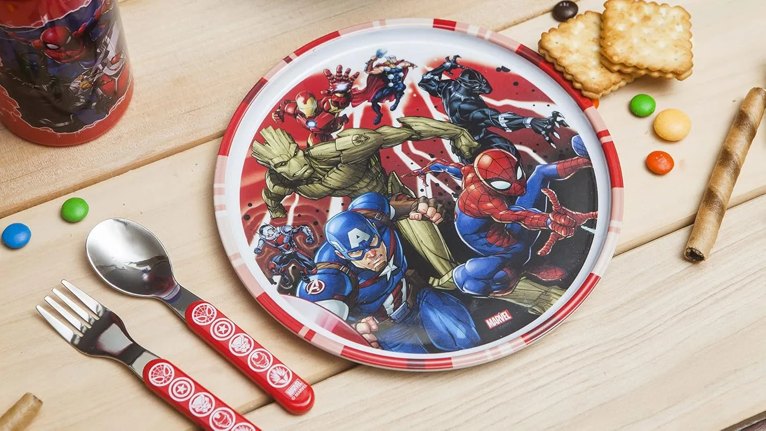 Zak Designs 5-Piece Dinnerware Set, Marvel Universe - Durable Plastic & Stainless Steel - Includes Water Bottle, 8-Inch Plate, 6-Inch Bowl, Fork & Spoon - Suitable for Kids Ages 3 