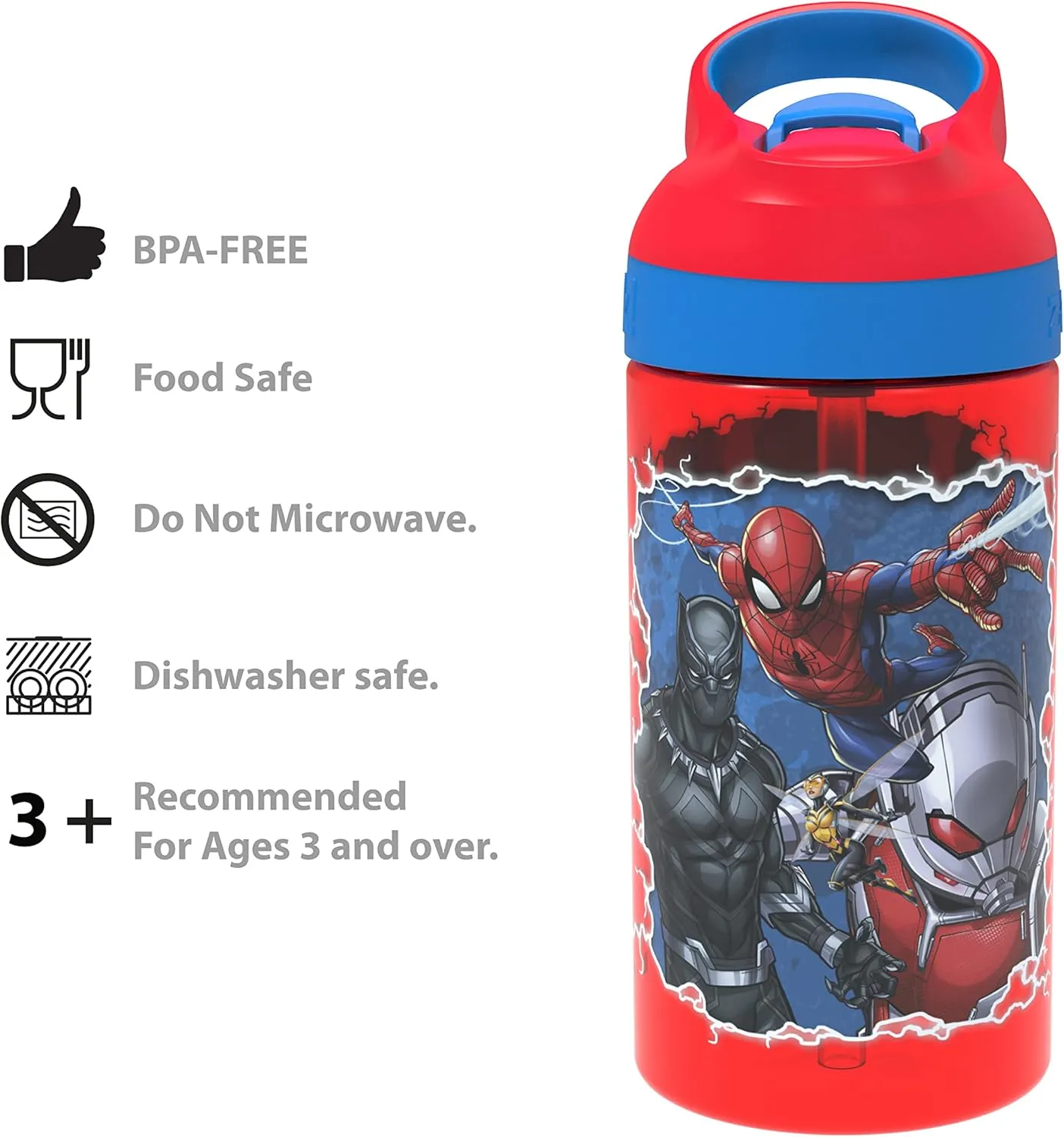 Zak Designs 5-Piece Dinnerware Set, Marvel Universe - Durable Plastic & Stainless Steel - Includes Water Bottle, 8-Inch Plate, 6-Inch Bowl, Fork & Spoon - Suitable for Kids Ages 3 