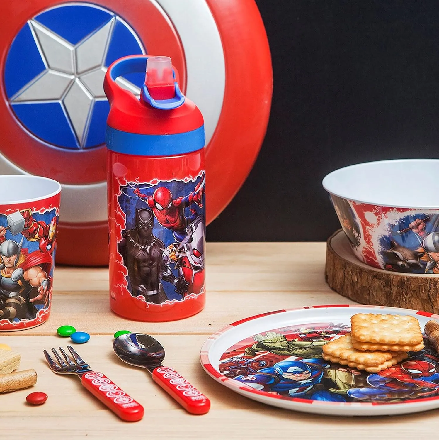 Zak Designs 5-Piece Dinnerware Set, Marvel Universe - Durable Plastic & Stainless Steel - Includes Water Bottle, 8-Inch Plate, 6-Inch Bowl, Fork & Spoon - Suitable for Kids Ages 3 