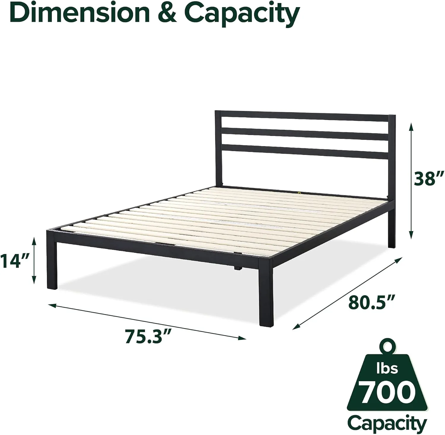 ZINUS Mia Metal Platform Bed Frame with Headboard, Wood Slat Support, No Box Spring Needed, Easy Assembly, King, Black