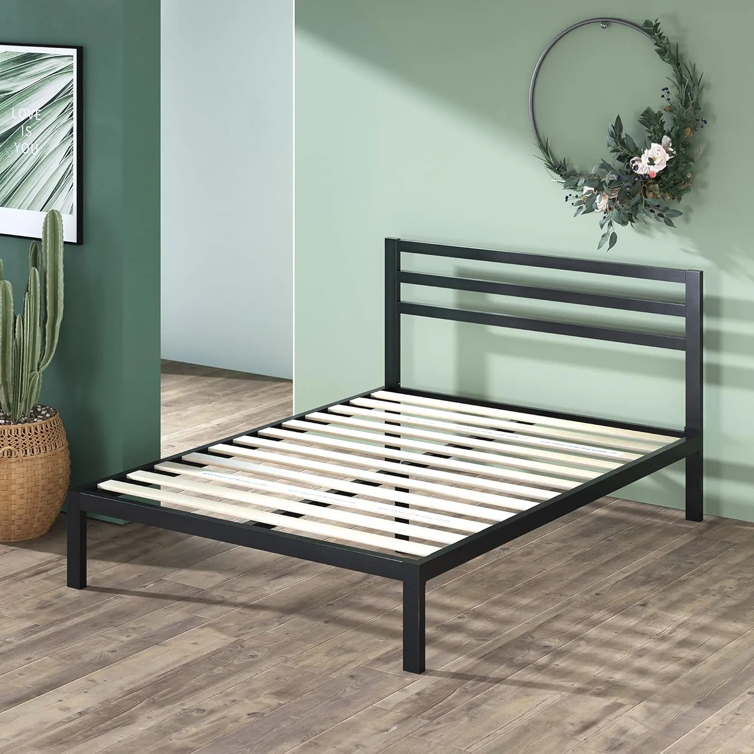 ZINUS Mia Metal Platform Bed Frame with Headboard, Wood Slat Support, No Box Spring Needed, Easy Assembly, King, Black