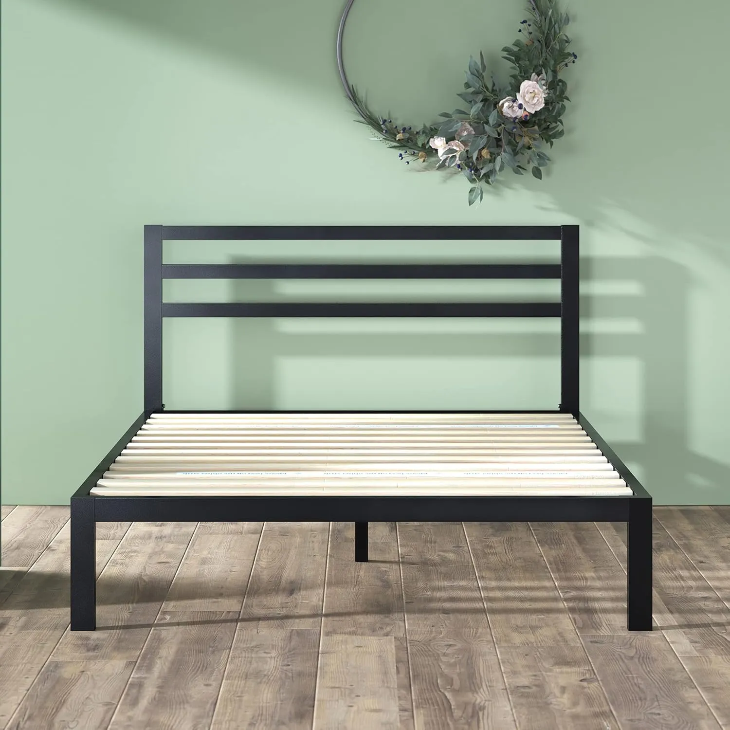 ZINUS Mia Metal Platform Bed Frame with Headboard, Wood Slat Support, No Box Spring Needed, Easy Assembly, King, Black