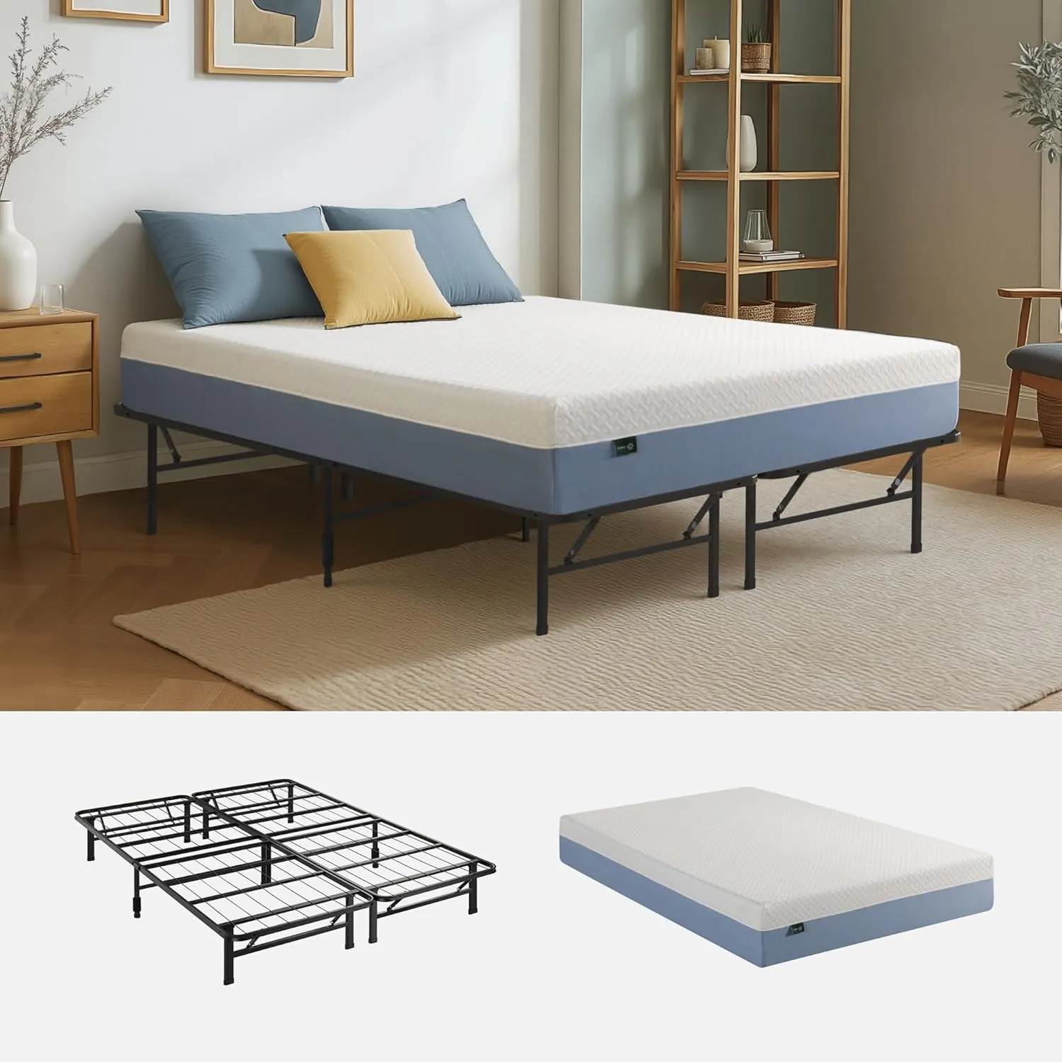 Zinus Set: 10 Inch Cooling Essential Memory Foam Mattress [New Version], Queen, Medium Feel   SmartBase Tool-Free Assembly Mattress Foundation,14 Inch Metal Platform Bed, Queen